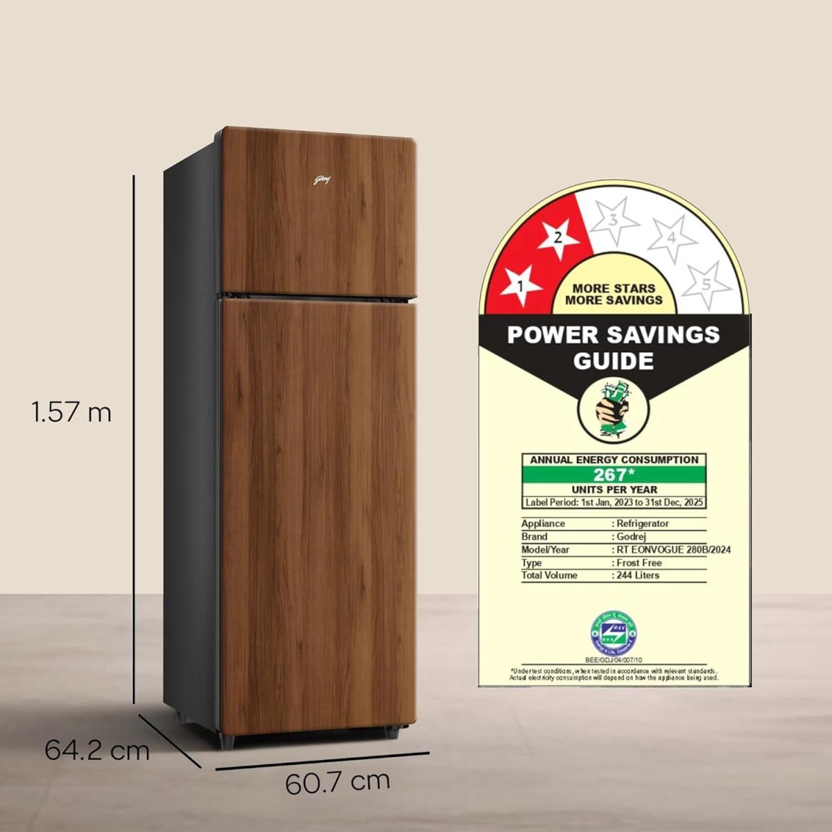 Godrej 244 L 2 Star Wood Finish, 30 Days Farm Freshness, Frost Free Inverter Double Door Refrigerator (RT EONVOGUE 280B RI WT WD, Walnut Wood) - Image 7