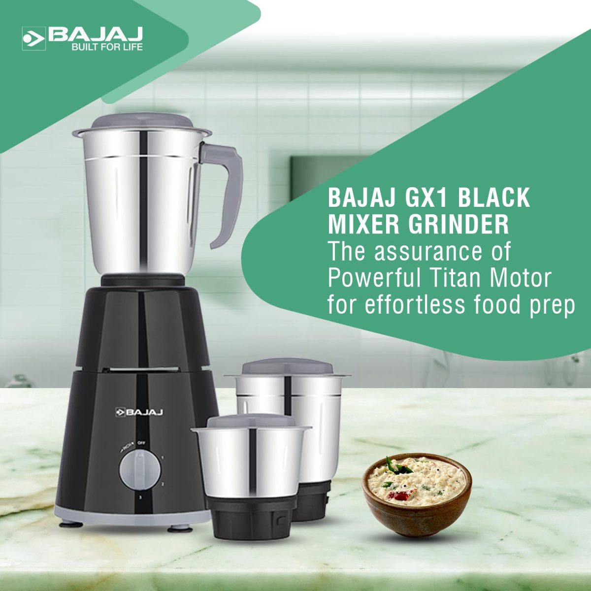 Bajaj GX-1 Mixer Grinder 500W | Superior Mixie For Kitchen | 2-In-1 For Dry Grinding | Blade Function With Titan Motor | 3 Stainless Steel Mixer Jars | 1 Year Product Warranty By Bajaj 【Black】 - Image 2