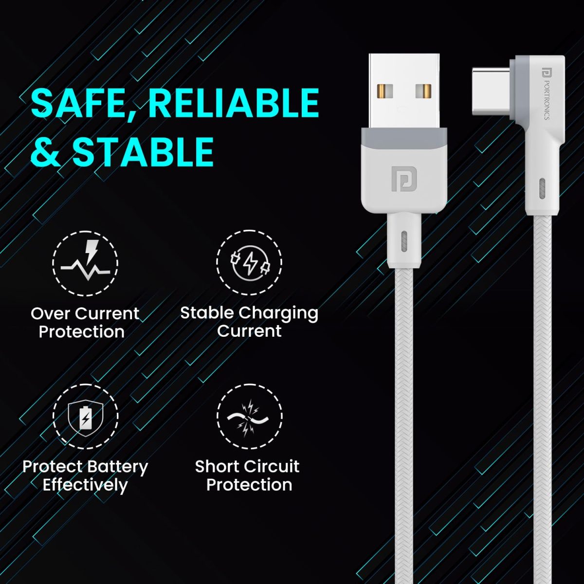 Portronics Konnect L Fast Charging 3A Type-C Cable 2 Meter with Charge & Sync Function for All Type-C Devices (White) - Image 6