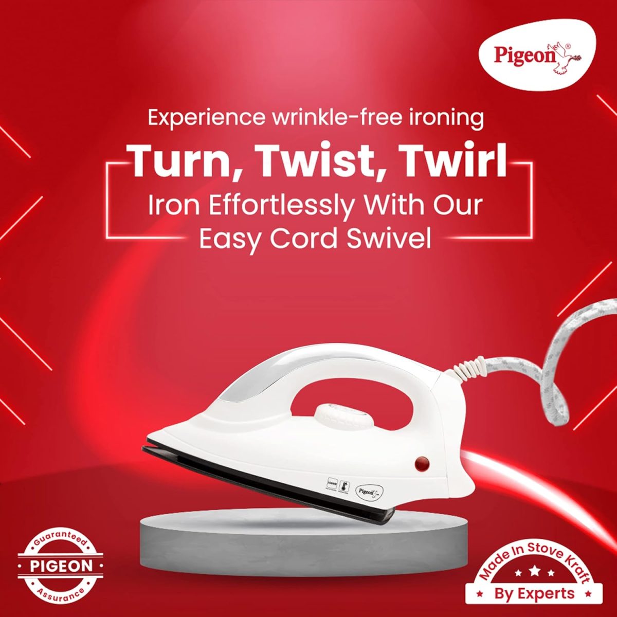 Pigeon 1000 Watts Dry Iron Greblon Dual Non Sick Sole Plate with German Coating Technology | 360 Cord Swivel | Thermal Safety Fuse | WHITE - Image 2
