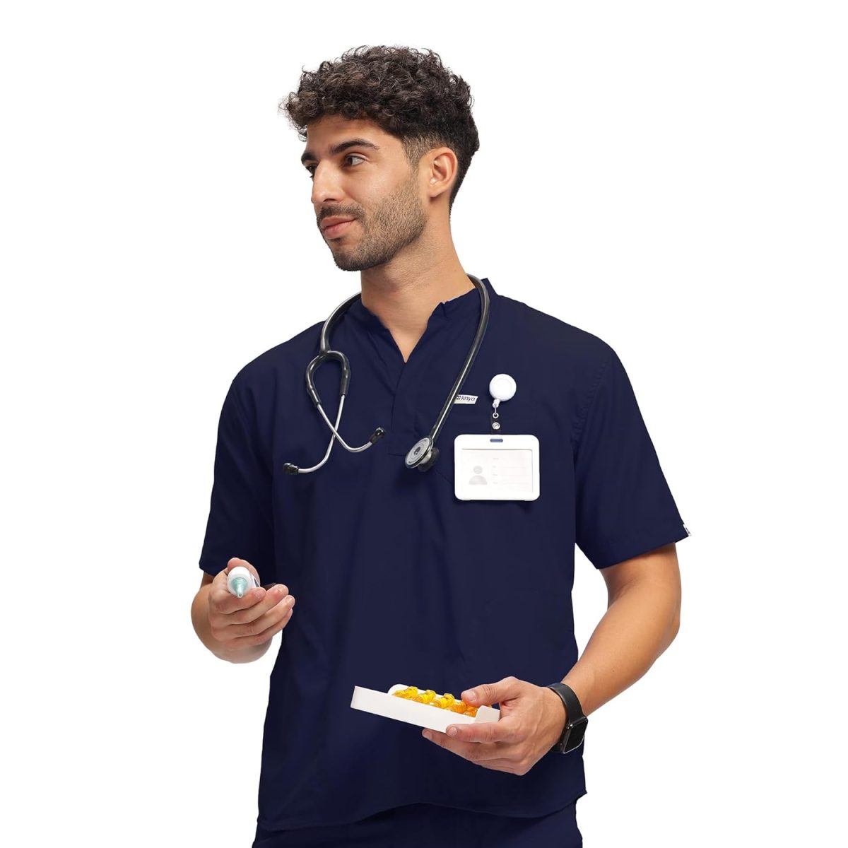 KNYA Classic Men's 5-Pocket Mandarin Collar Scrub Suit| Regular fit | Short Sleeves | For Doctors (XL, Navy Blue) - Image 8