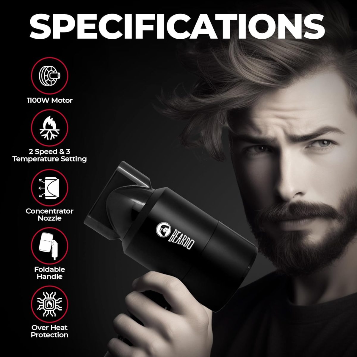 BEARDO Styling Gun Ultra Compact Hair Dryer | 1100 Watts Foldable Hair Dryer | 3 Heat 2 Speed Setting | Hair Dryer For Men | Travel Friendly | Stylish Matte Black Finish | Gift For Brother | Gift For Friends | Gift for Husband - Image 2