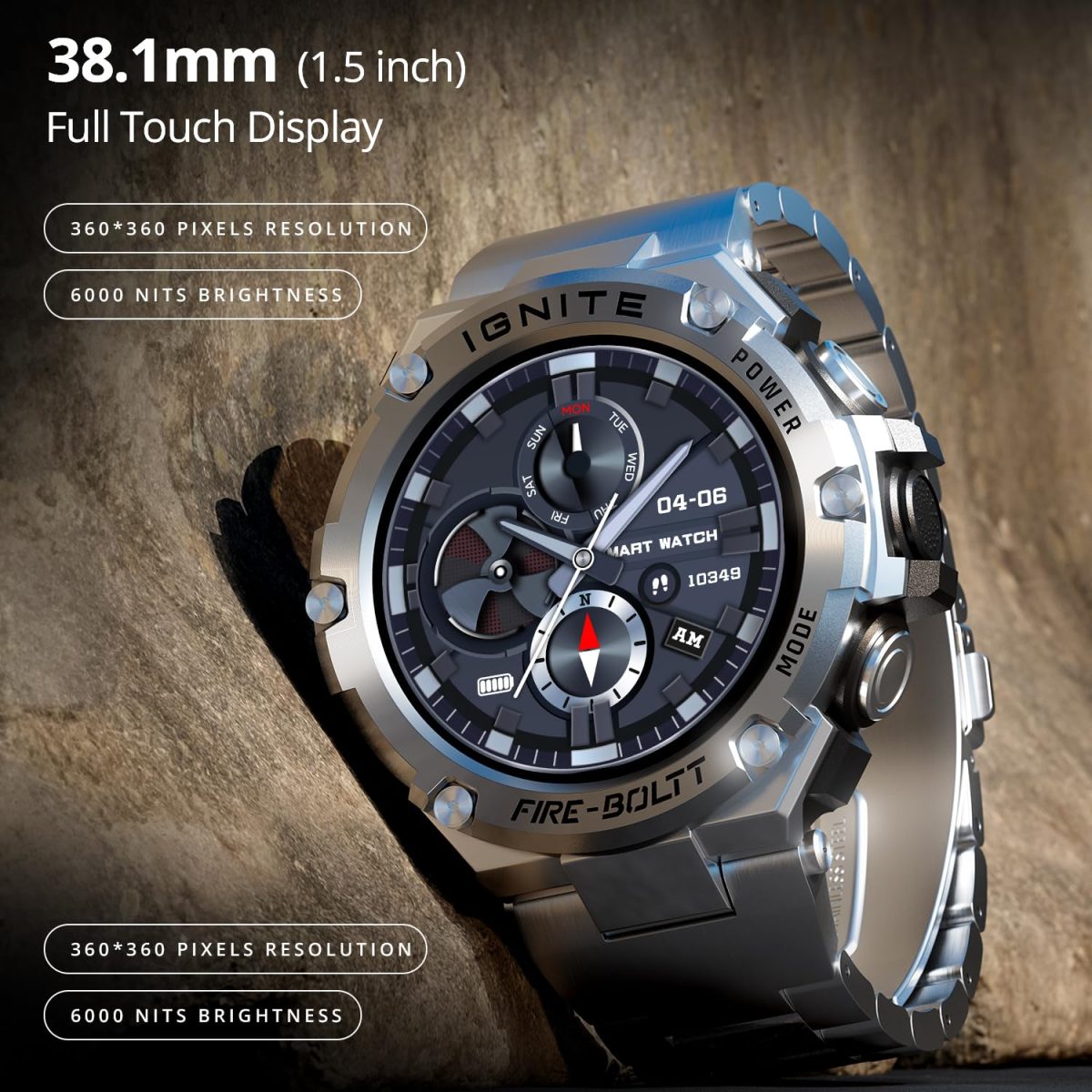 Fire-Boltt Assault Rugged Smartwatch – 1.5" HD Display, Bluetooth Calling, 600mAh Battery, Compass, Heart Rate & SpO2 Monitoring, 7-10 Days Battery Life, Heavy Metal Sports Design - Image 4