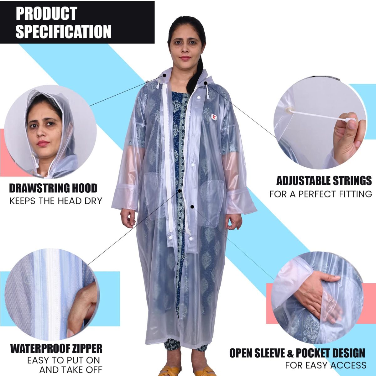 AllExtreme Crystal Women Raincoat with Adjustable Hood Water Resistant Reusable Rainwear for Ladies with Carrying Pouch (XXL) - Image 4
