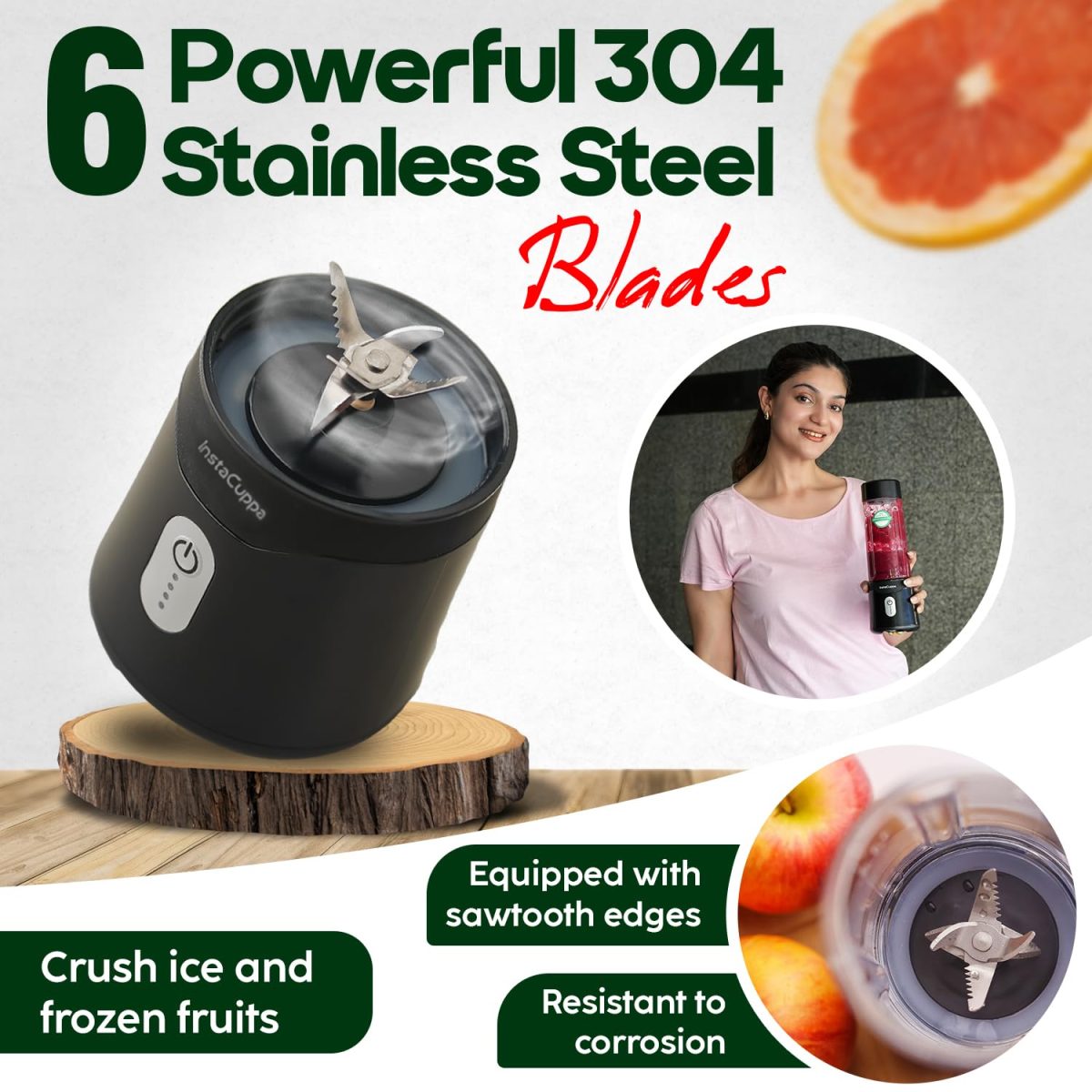 InstaCuppa Stainless Steel Portable Blender for Smoothies & Juices,Mixer Juicer that Crushes Ice,Electric Shaker USB Rechargeable Battery with 4000 mAh 230 Watts Motor,500 ML Juice Maker,Black - Image 2
