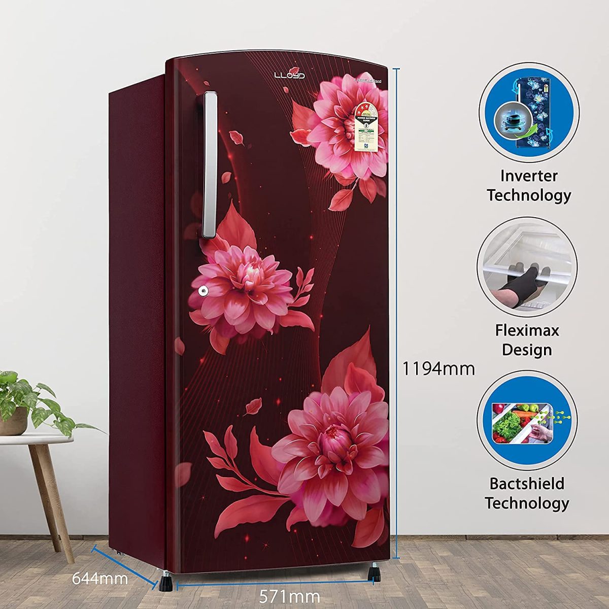 Lloyd 200 L 3 Star Inverter Direct Cool Single Door Refrigerator (GLDF213SBWT2PB, Begonia Wine) - Image 2