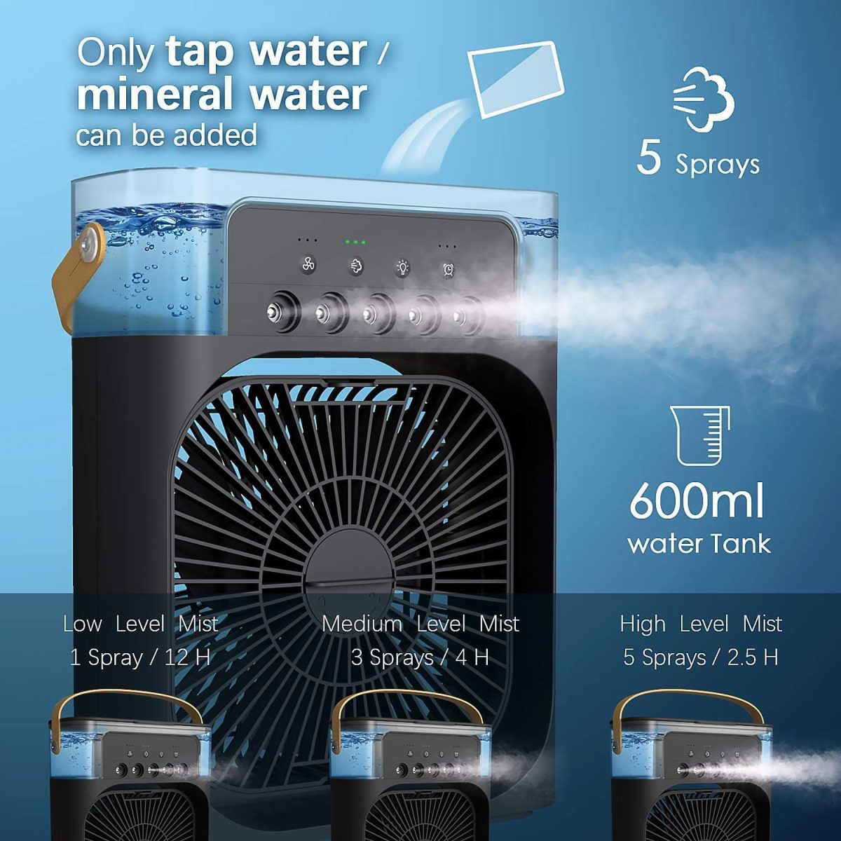 Portable Air Conditioner Fan, Mini Evaporative Air Cooler with 7 Colors LED Light, 1/2/3 H Timer, 3 Wind Speeds and 3 Spray Modes for Office, Home, Dorm, Travel(Black) - Image 3