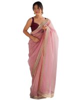 AKHILAM Women's Shimmer Net Solid Saree With Unstitched Blouse Piece