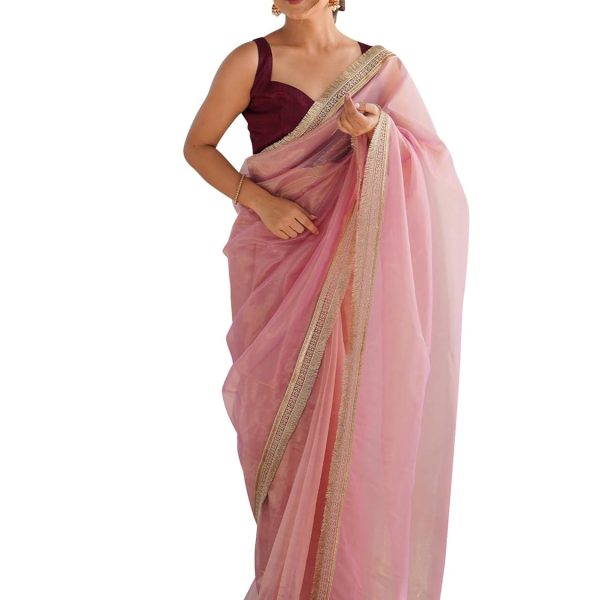 AKHILAM Women's Shimmer Net Solid Saree With Unstitched Blouse Piece