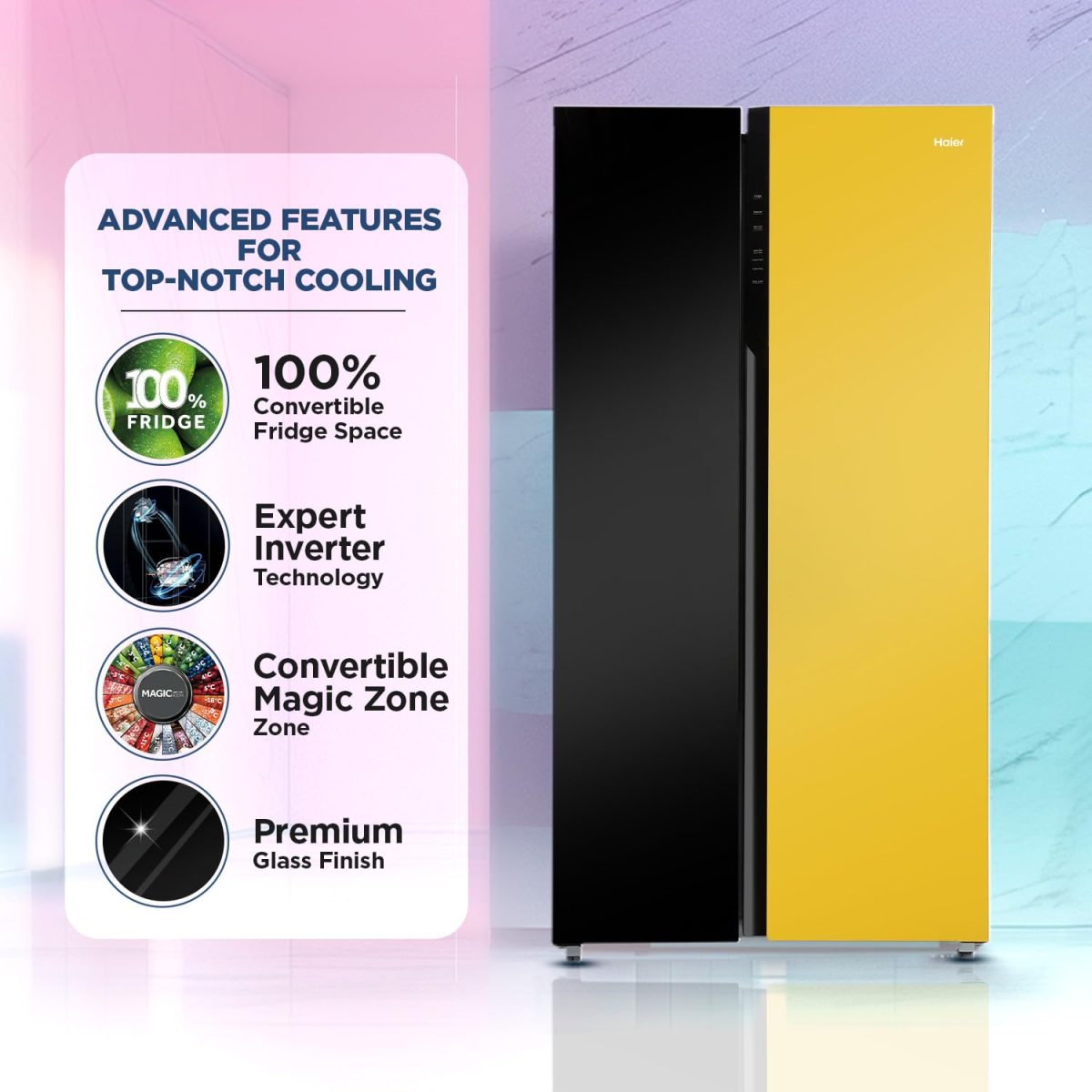 Haier 602L, 3-Star, Vogue 100% Convertible Fridge Space, Expert Inverter 2-Door Side by Side Refrigerator, (HRS-682KYG, Black Yellow Glass) - Image 3