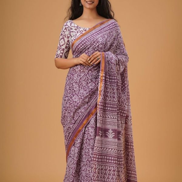 Clothonus Handicrafts Women's Ikat Hand Block Print Jaipuri Cotton Mulmul Saree with Blouse Piece