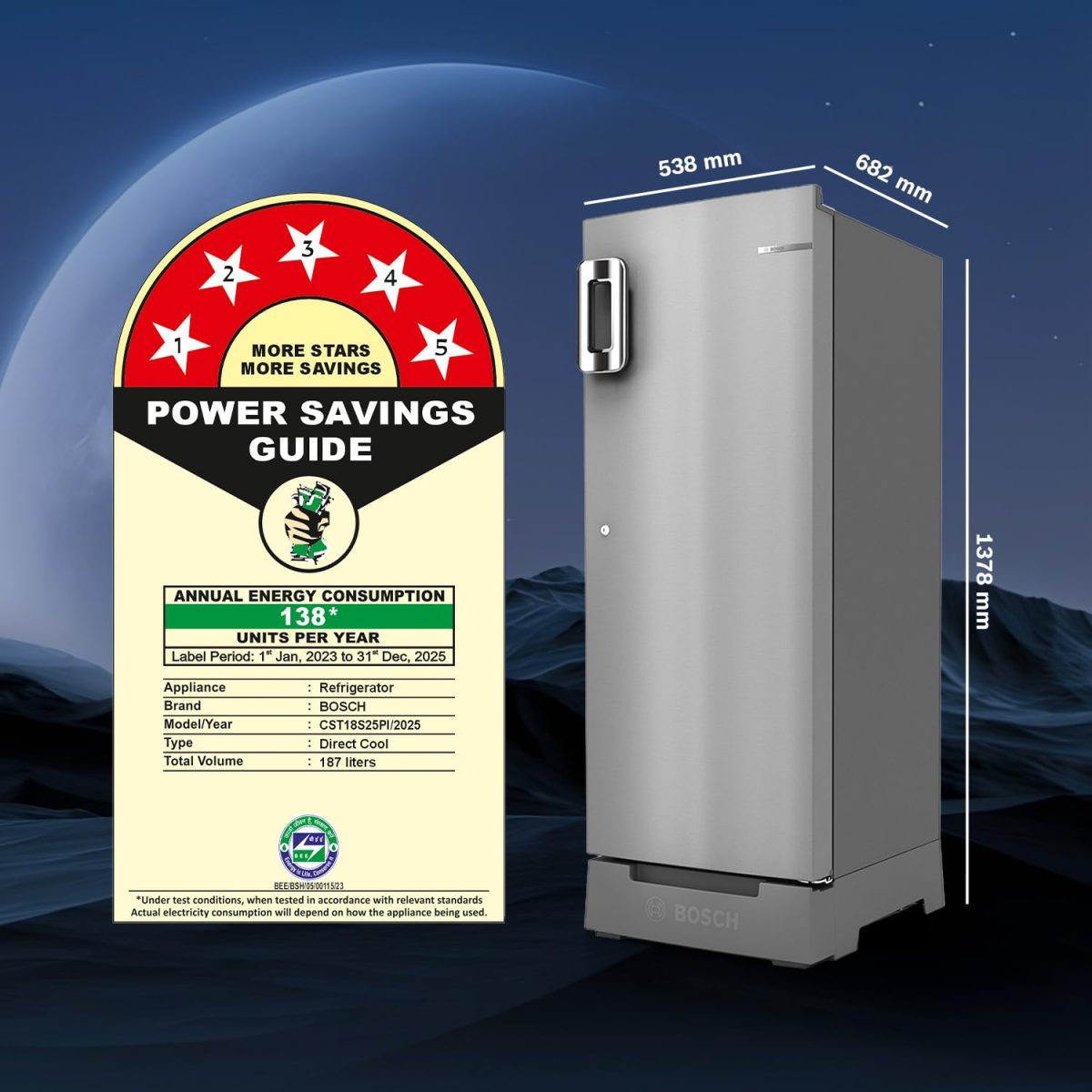 Bosch 187L 5 Star Inverter Direct-Cool Single Door Refrigerator (CST18S25PI, Fine Steel, Base Stand with Drawer & Saperator) - Image 2