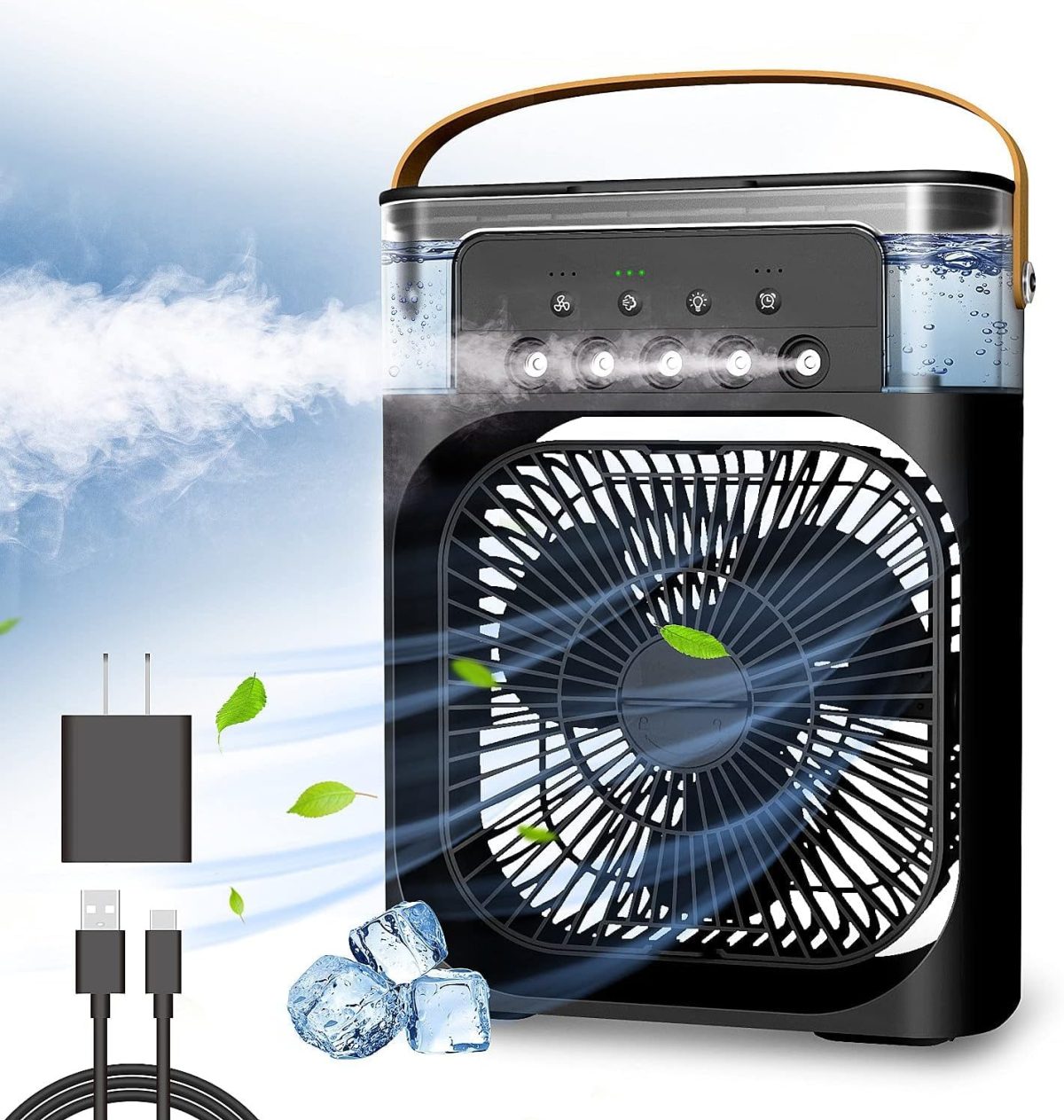 Portable Air Conditioner Fan, Mini Evaporative Air Cooler with 7 Colors LED Light, 1/2/3 H Timer, 3 Wind Speeds and 3 Spray Modes for Office, Home, Dorm, Travel(Black)