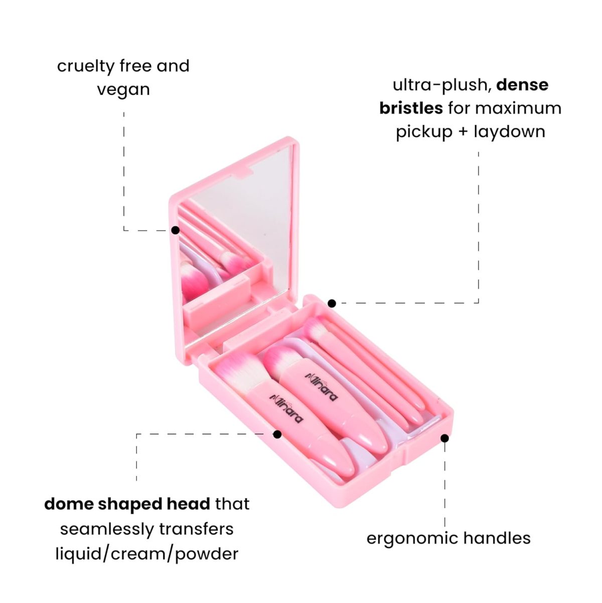 Minara Makeup Brush Set Of 5 Box With Mirror (Baby Pink) | Makeup Pouch For Women | Stylish Makeup Brush Set | Travel Friendly Foundation Brush - Image 3