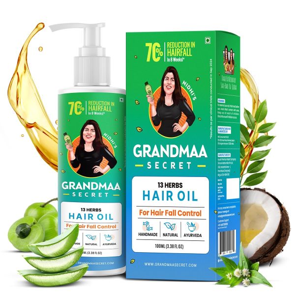 NIDHI’S GRANDMAA SECRET 13 Herbs Hair Oil For Men & Women | Promotes Hair Growth & Reduces Hair Fall | Handmade Natural Hair Oil with Curry Leaves | Hair Fall Control Oil For Dry Damaged Hair | 100 mL
