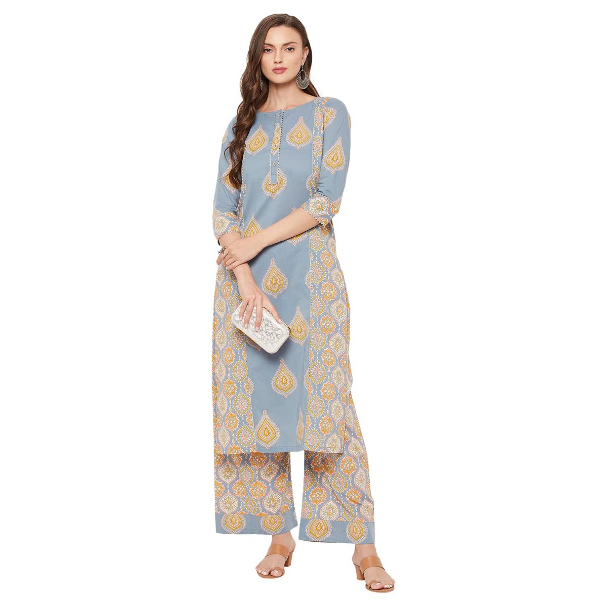 Tissu Women's Cotton Grey & Yellow Printed Kurta with Palazzo - Image 8