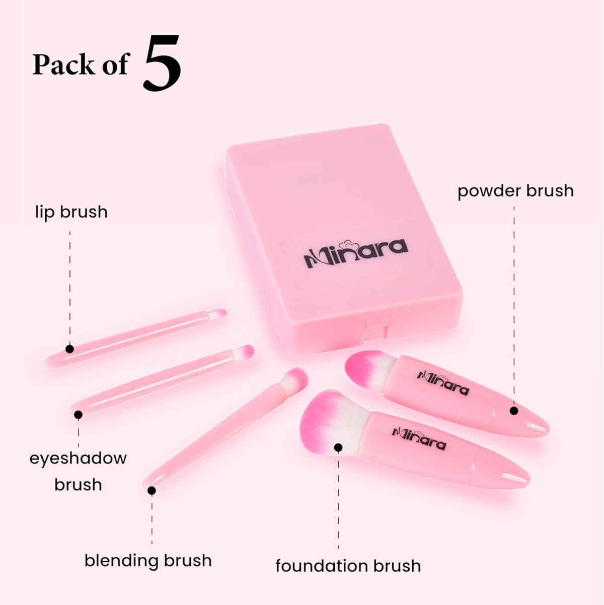 Minara Makeup Brush Set Of 5 Box With Mirror (Baby Pink) | Makeup Pouch For Women | Stylish Makeup Brush Set | Travel Friendly Foundation Brush - Image 2