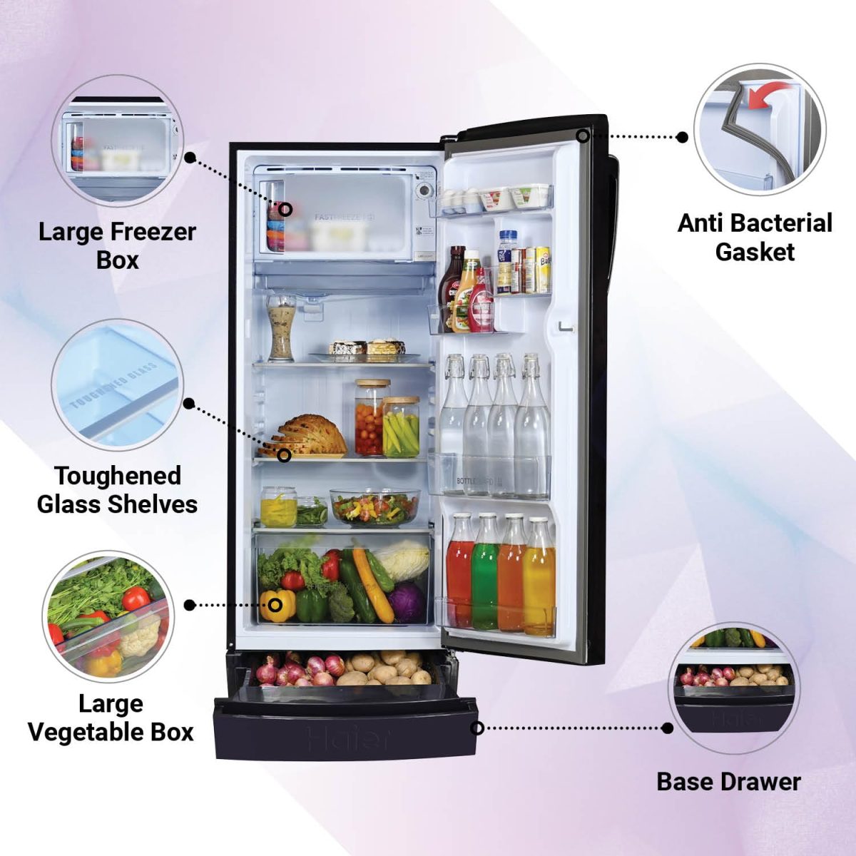 Haier 205 L, 3 Star, Direct-Cool Single Door Refrigerator (HED-213MRB-N, Marine Rose, Base Stand Drawer) - Image 4