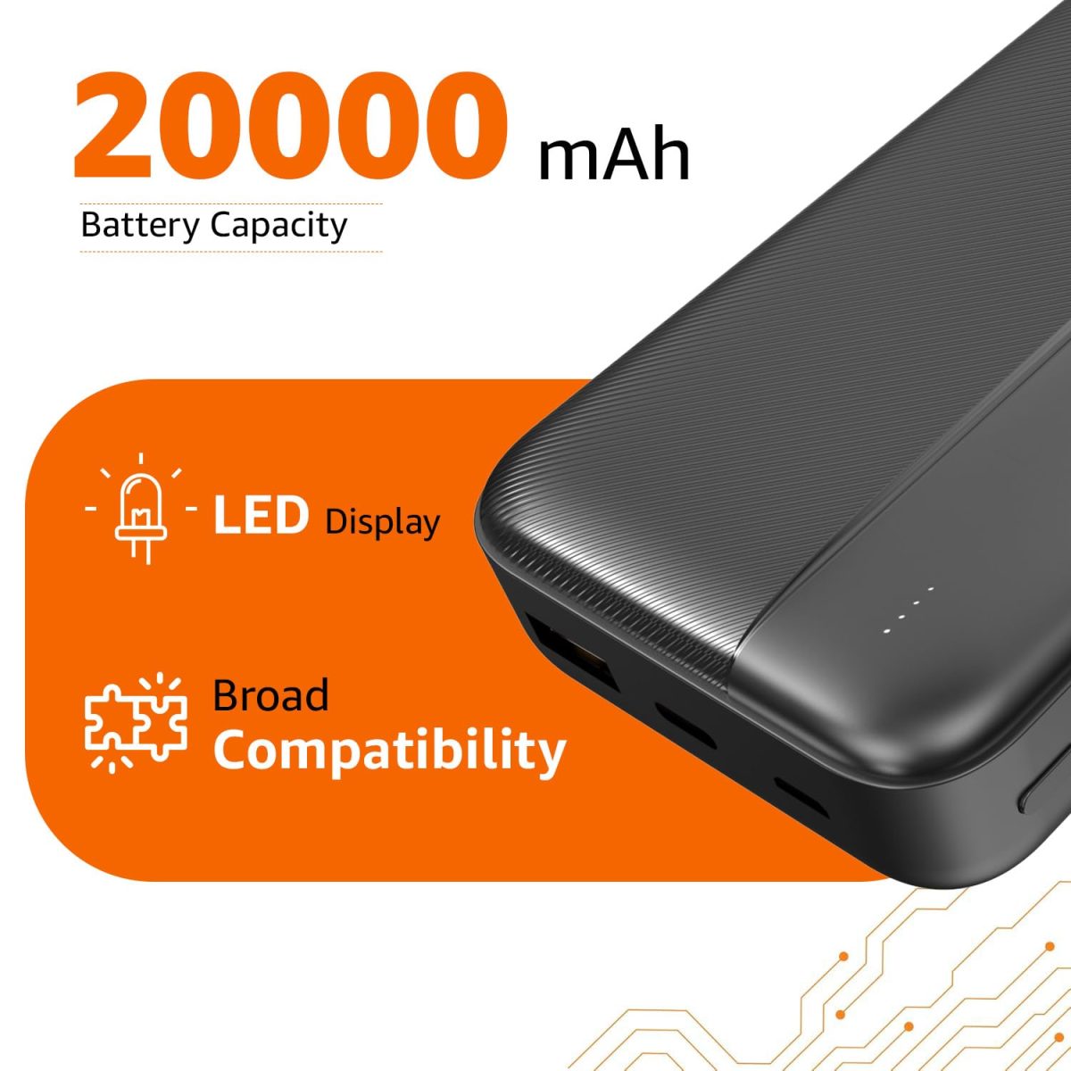 Amazon Basics 20000 mAh Power Bank | 22.5W Fast Charging | Dual Output & Input | Charge 3 Devices Simultaneously | for Smartphones, TWS Earbuds, Speakers, Tablets (Black) - Image 2