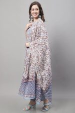 Monira Women's Pure Cambric Cotton Jaipuri Floral Printed Anarkali Kurta Set with Dupatta (Ready to Wear; Blue) - Image 4