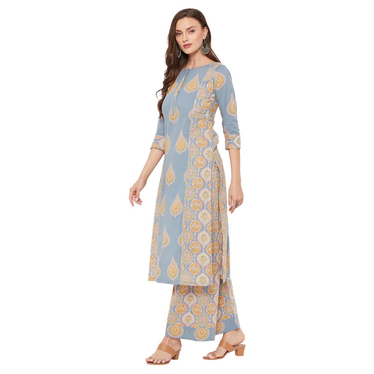Tissu Women's Cotton Grey & Yellow Printed Kurta with Palazzo - Image 2
