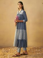 Arangya Ethnic Indigo Blue Pure Cotton Tiered Kurta Set with Comfortable Pure Cotton Straight Pants l Regular Wear l Outdoor Wear - Image 3