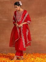 INDO ERA Women Rayon Viscose Yoke Zari Floral Straight Kurta Set & Pant With Embroidered Scalloped Dupatta Set - Image 2