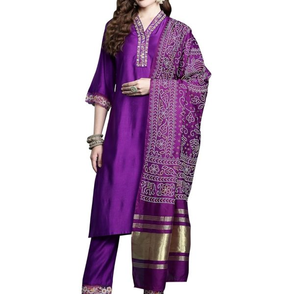 INDO ERA Silk Women's Liva Solid Straight Kurta & Pant With Dupatta Set (KH1PR9632)