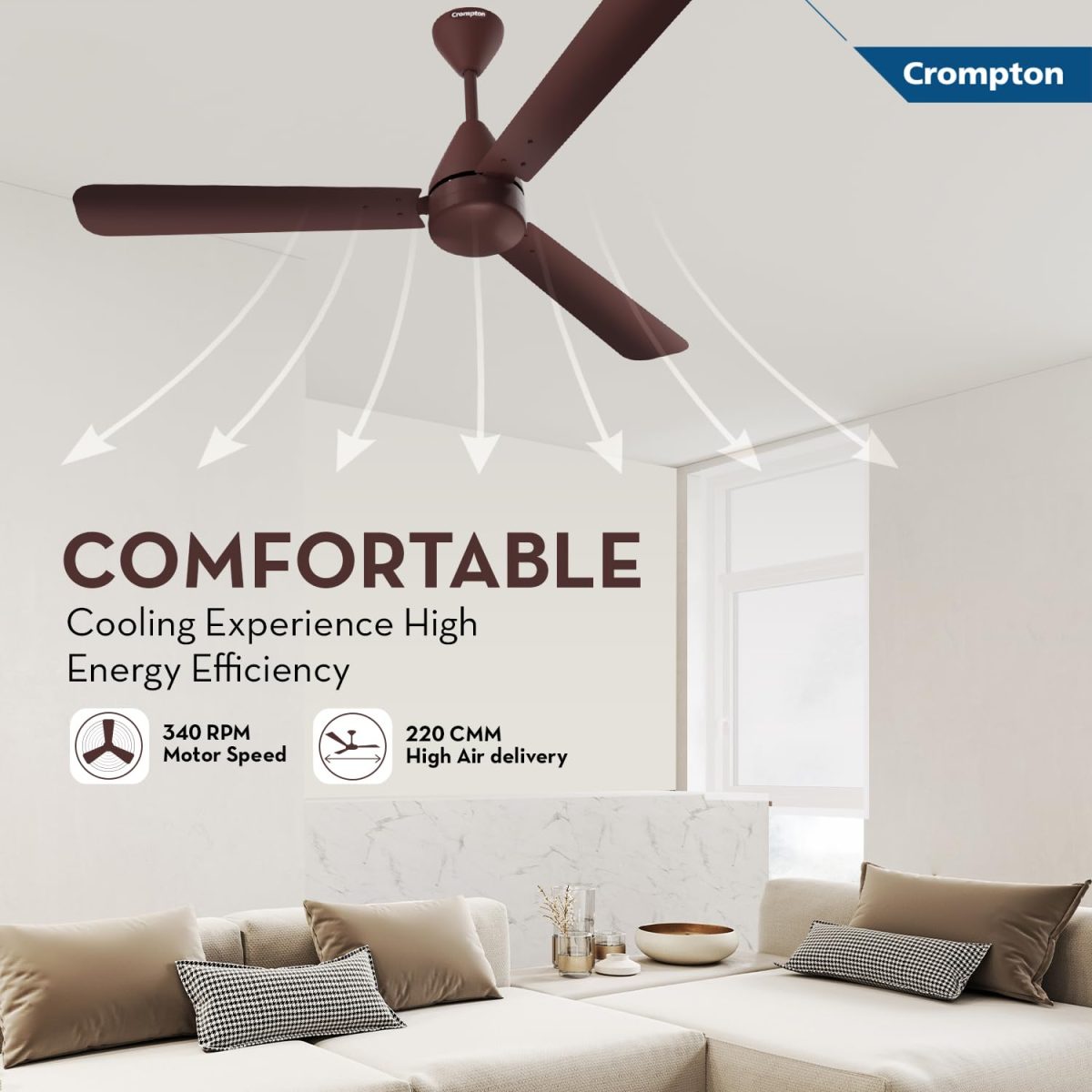 Crompton Energion Hyperjet 1200mm BLDC Ceiling Fan | Point Anywhere Remote Control | BEE 5 Star Rated Energy Efficient | Superior Air Delivery | Anti-Rust | 2 Year Manufacturer Warranty | Brown - Image 4