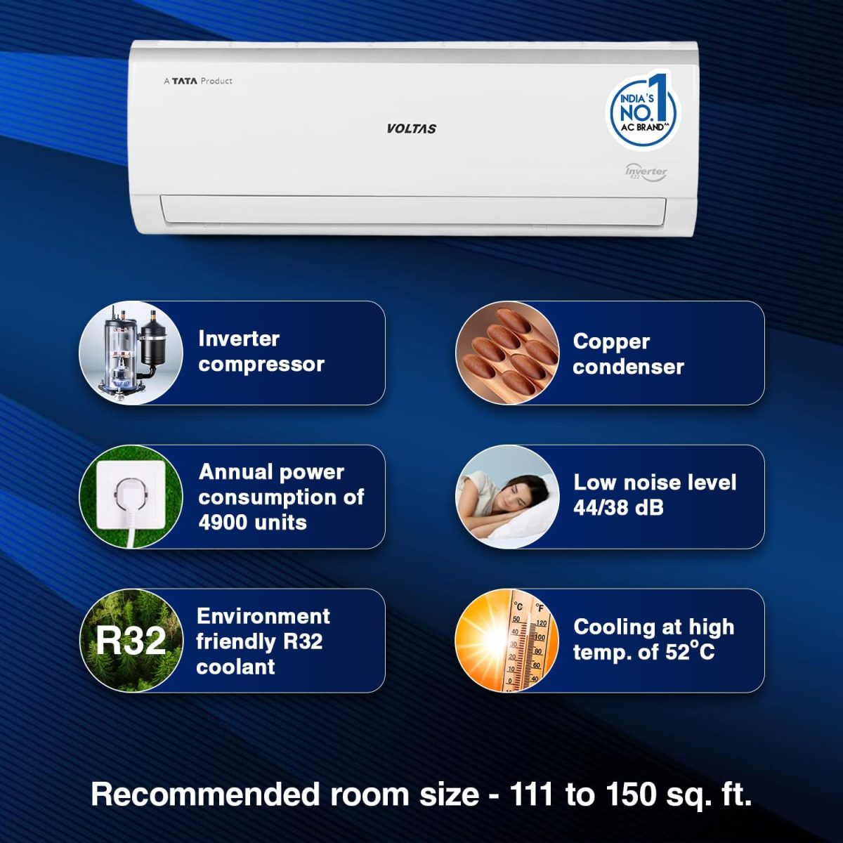 Voltas 1.5 Ton 5 Star, Adjustable Inverter Split AC(Copper, 185V VECTRA ELITE, 4-in-1 Adjustable Mode, White) - Image 2