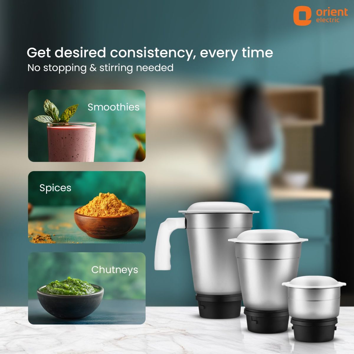 Orient Electric 500W mixer grinder | Kitchen Kraft 500 MGKK50B3 with 3 SS jars | Longer life balanced coil motor | ABS body | Uniform grinding | 5 years motor warranty - Image 3