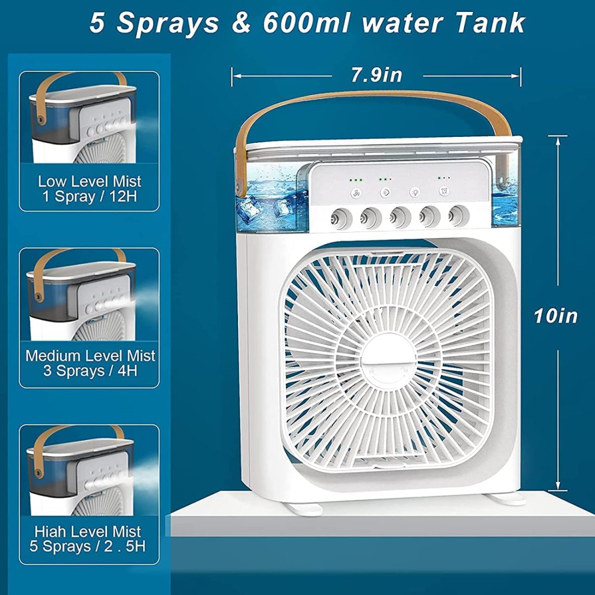 REIDEL Portable Air Cooler & Humidifier - Mini Cooler for Home, Office, Kitchen - 3 Speed Mode - Water Spray - 7 Color LED - Timer - USB Personal Cooler - Desk Fan - Image 3