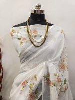 C J Enterprise Women’s Pure Soft Cotton Saree Linen For Silk Sarees Latest Party Design Wear Kalamkari Wedding Sadi With Blouse Piece Sari South Mulmul ikkat Mul Print 2025 New (Baby Cut White) - Image 8