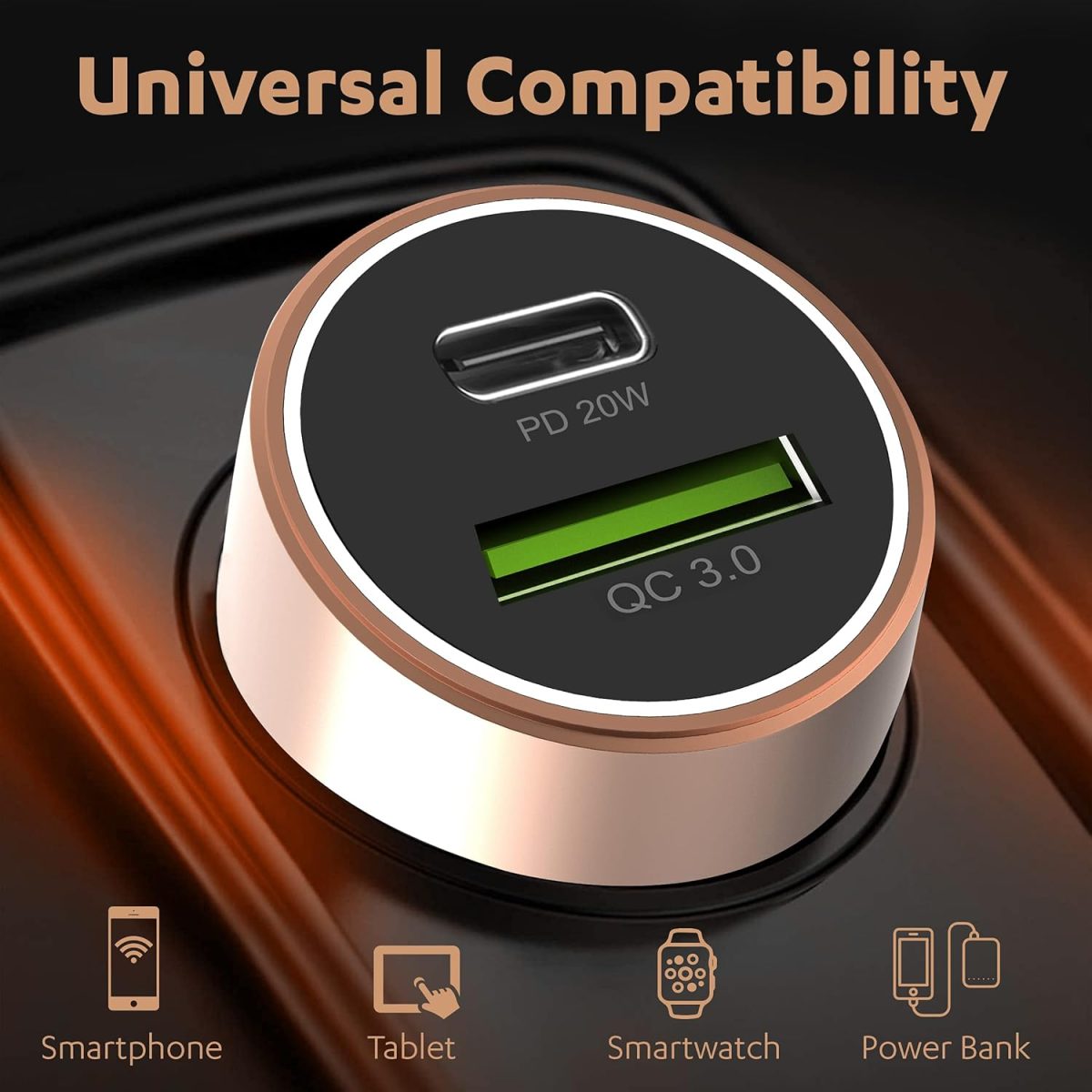 Duracell 38W Fast Car Charger Adapter with Dual Output. Quick Charge, Type C PD 20W & Qualcomm Certified 3.0 Compatible for iPhone, All Smartphones, Tablets & More (Copper & Black) - Image 6