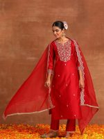 INDO ERA Women Rayon Viscose Yoke Zari Floral Straight Kurta Set & Pant With Embroidered Scalloped Dupatta Set - Image 5