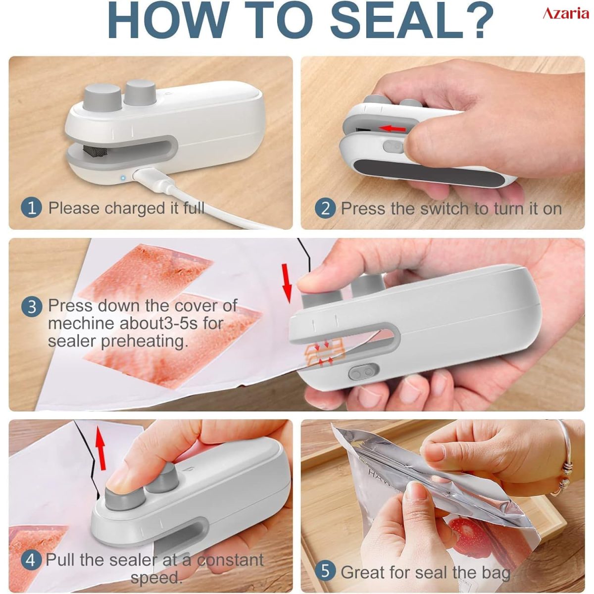 Azaria Portable Mini Sealing Machine, Handheld Packet Sealer, portable sealing machine, packet sealer for Food, Snacks, Chips, Fresh Storage, Plastic Bags Sealing Machine, 1 YEAR Warranty - Image 6