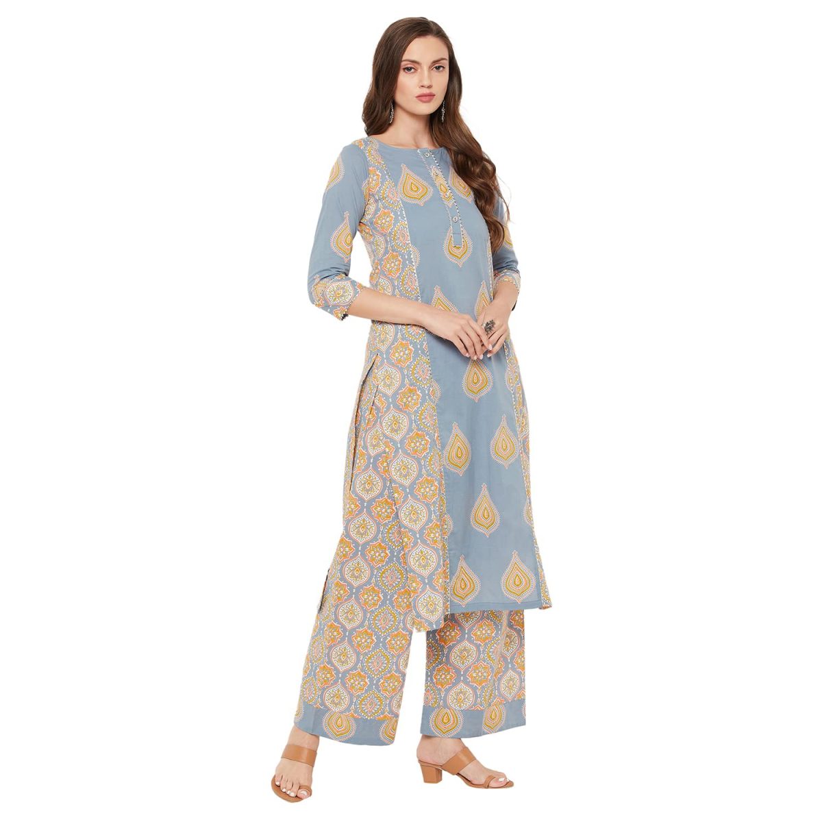 Tissu Women's Cotton Grey & Yellow Printed Kurta with Palazzo - Image 3