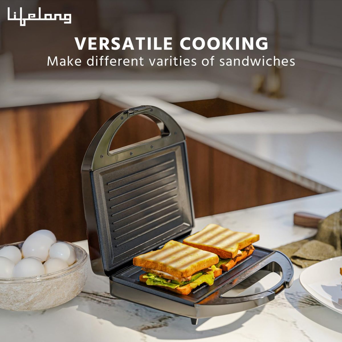 Lifelong Sandwich Griller 750 W, Classic Pro - Auto Cut off & Power Indicator | Sandwich Maker with 4 Slice Non-Stick | Fixed Plates for Sandwiches at Home with 1 Year Warranty (Black, LLSM120G) - Image 5