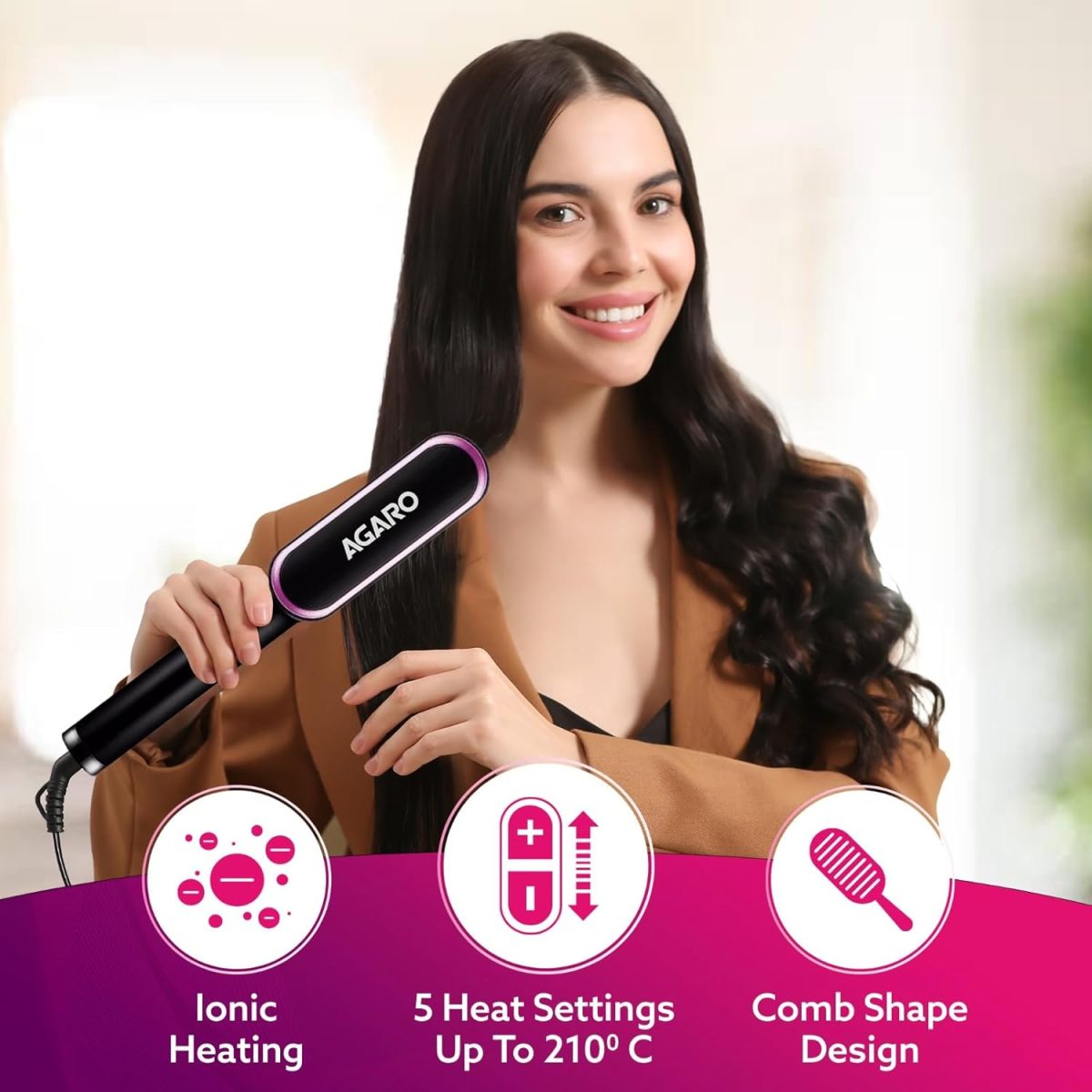 AGARO Hair Straightening Brush, Hair Straightening Comb For Women, Fast Heating, Ionic Care, 5 Heat Settings, Hair Straightener, Hot Brush, Gives Naturally Straight Hair in 5 Mins, Black, HSB2107 - Image 2