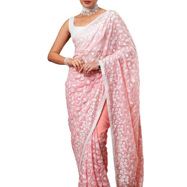 AKHILAM Women's Botanical Embroidered Designer Organza Saree With Unstitched Blouse Piece (7KAVI701)