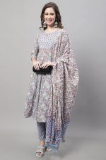 Monira Women's Pure Cambric Cotton Jaipuri Floral Printed Anarkali Kurta Set with Dupatta (Ready to Wear; Blue) - Image 3