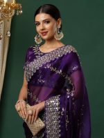 Satrani Women's Tissue Silk Sequence Embroidery Work Scalloped Border Saree with Unstitched Blouse Piece - Image 4