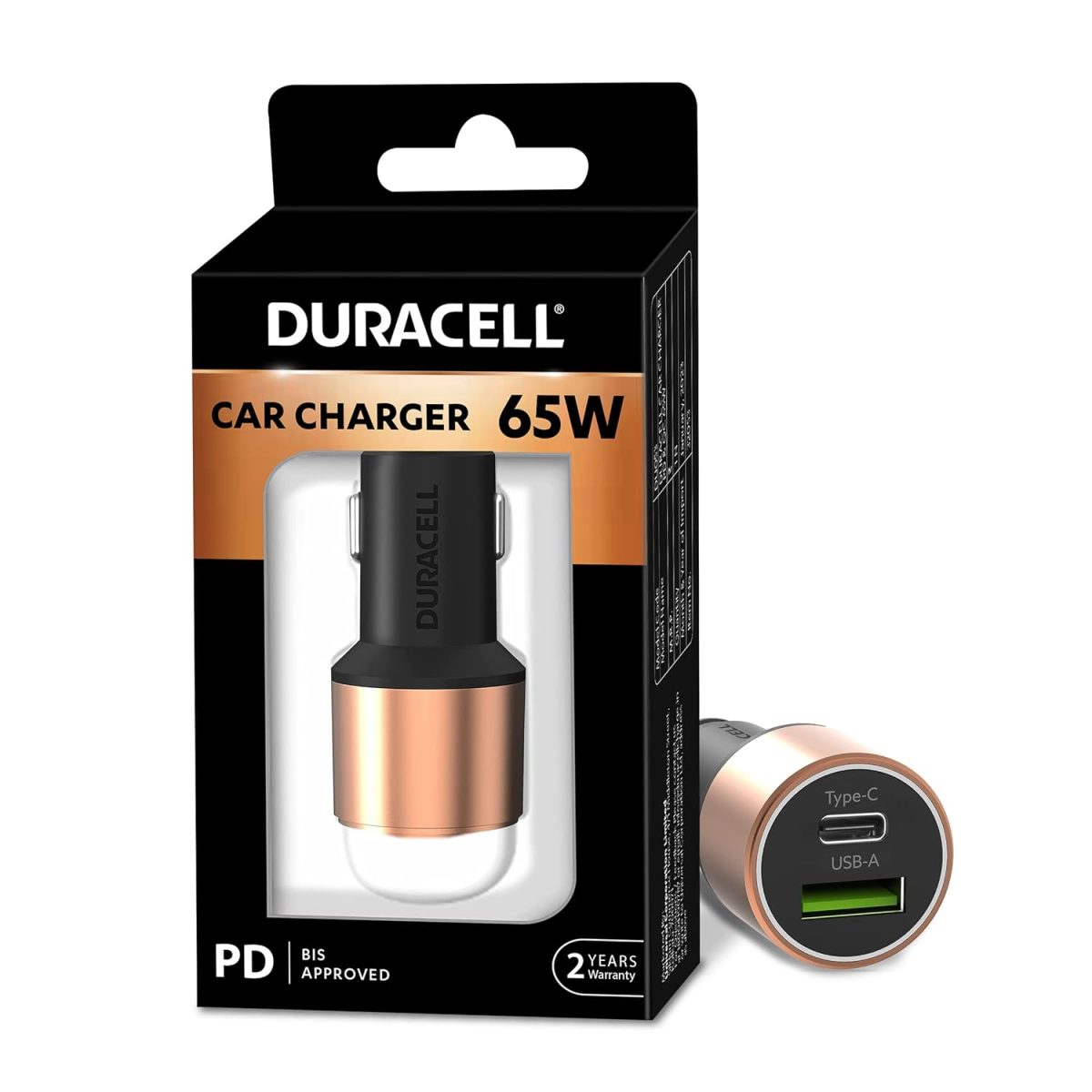 Duracell 65W Fast Car Charger Adapter with Dual Output. Quick Charge, Type C PD 45W & Qualcomm Certified 3.0 20W, Compatible for iPhone, All Smartphones, Tablets & More (Copper & Black) - Image 2