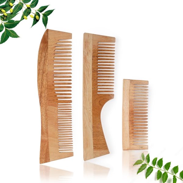 INSIME Neem Wooden Comb Set for Women & Men | Wooden combs combo Hair Comb Set | Kachi neem comb for Women for Hair Growth | Dandruff remover comb Neem Wood Kangi for Hair (Pack of 3)