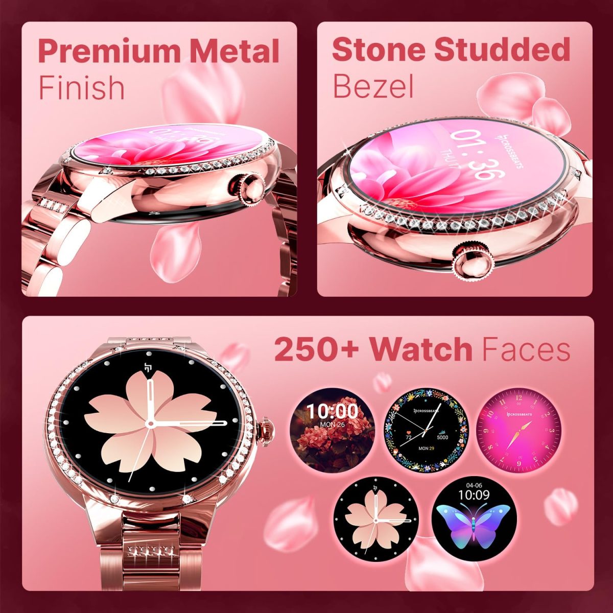 CrossBeats Diva 1.28” Stylish Smart Watch for Women with Stone Studded Bezel| Amoled Display | Female Health Tracker | 100+Sports Modes| Premium Metal Smartwatch with Wireless Charging - (Rose Gold) - Image 3