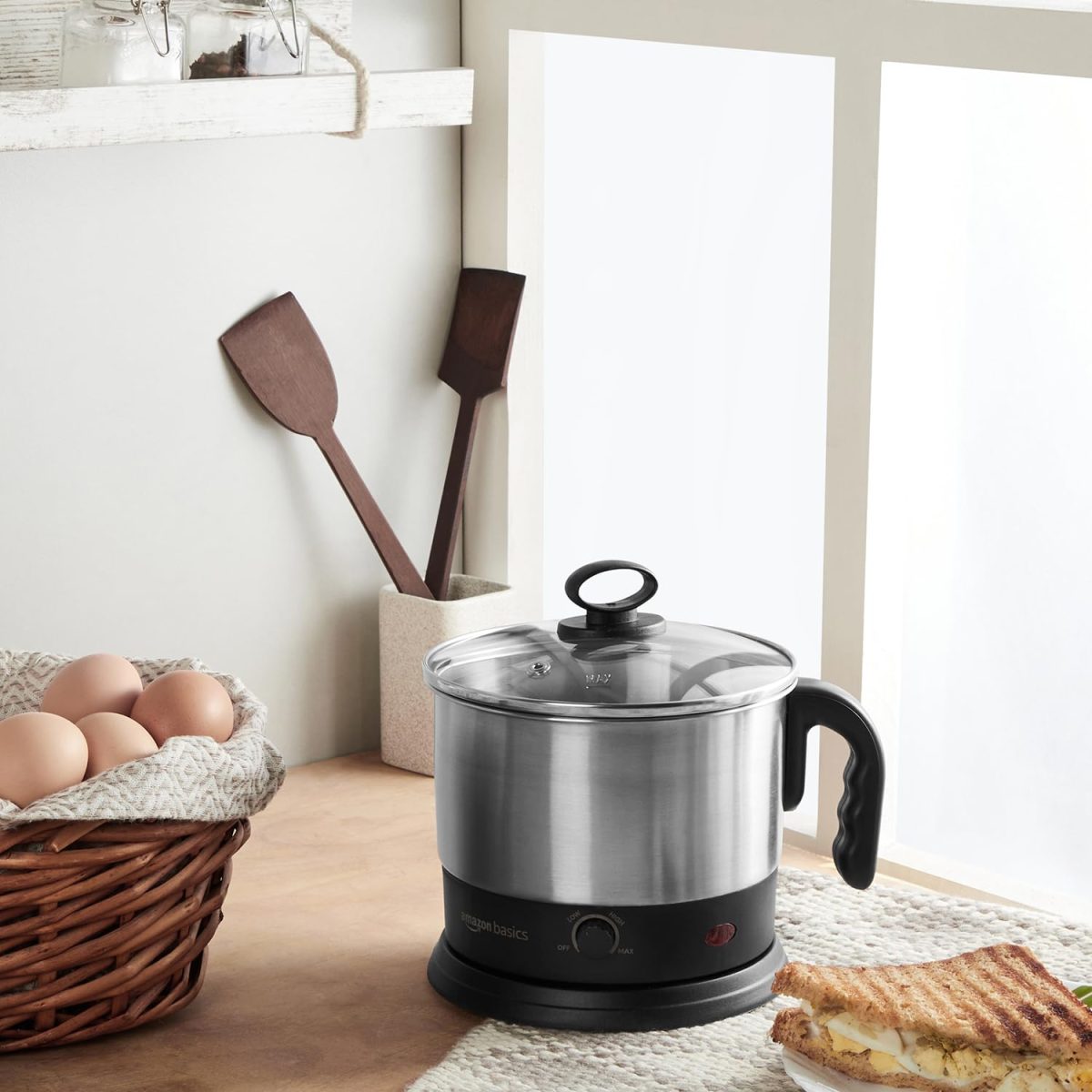 amazon basics Electric Multipurpose Kettle | for boiling Water, Eggs | Making Tea, Coffee| Stainless Steel Body with Automatic Shut-off | 18.3L x 15.7W x 19.1H cm | 1.2 L | 220 Volts | Silver, Black - Image 5