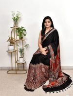 MotiBa Women's Ajrakh Printed Soft Silk Saree with Paisley Border, Traditional Printed Design