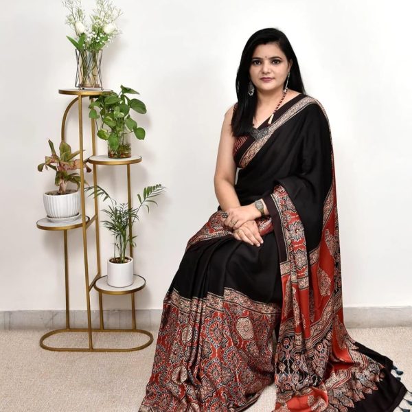 MotiBa Women's Ajrakh Printed Soft Silk Saree with Paisley Border, Traditional Printed Design