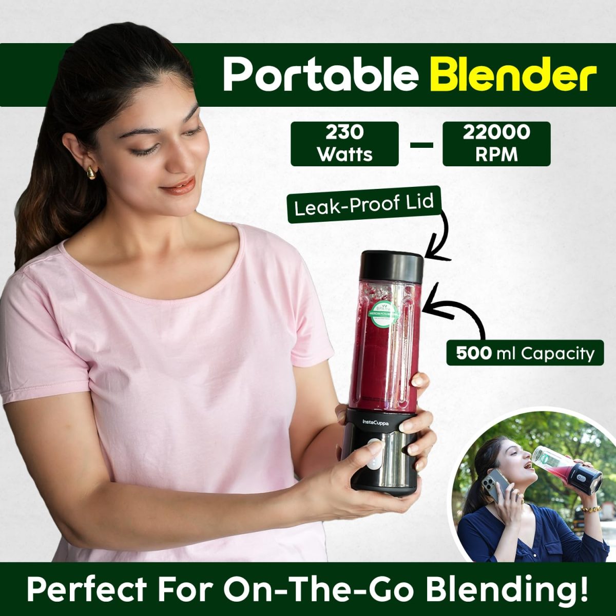 InstaCuppa Stainless Steel Portable Blender for Smoothies & Juices,Mixer Juicer that Crushes Ice,Electric Shaker USB Rechargeable Battery with 4000 mAh 230 Watts Motor,500 ML Juice Maker,Black - Image 5