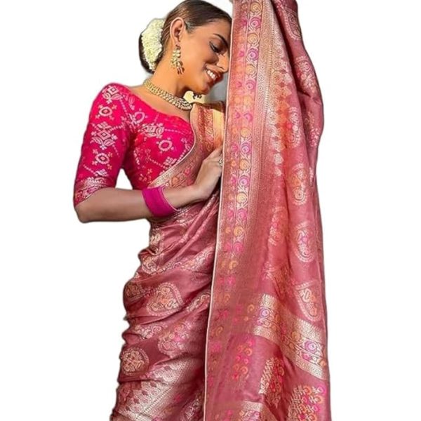 Sanu silk Kanjivaram Banarasi Silk Saree for Women And Girls, Traditional Indian Ethnic Wear with Rich Zari Work, Wedding And Festive Saree with Unstitched Heavy Blouse Piece